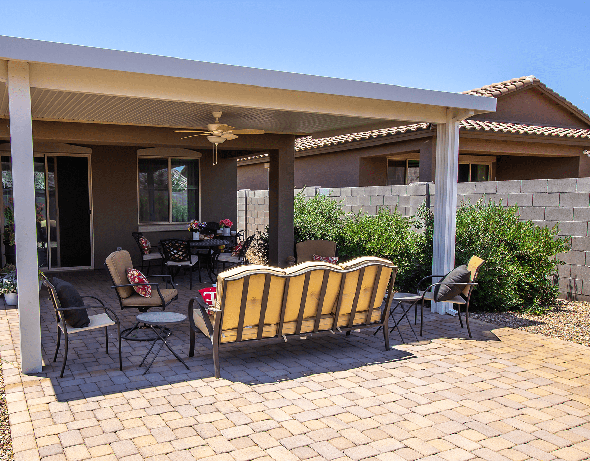 Cozy patio area with ceiling fan