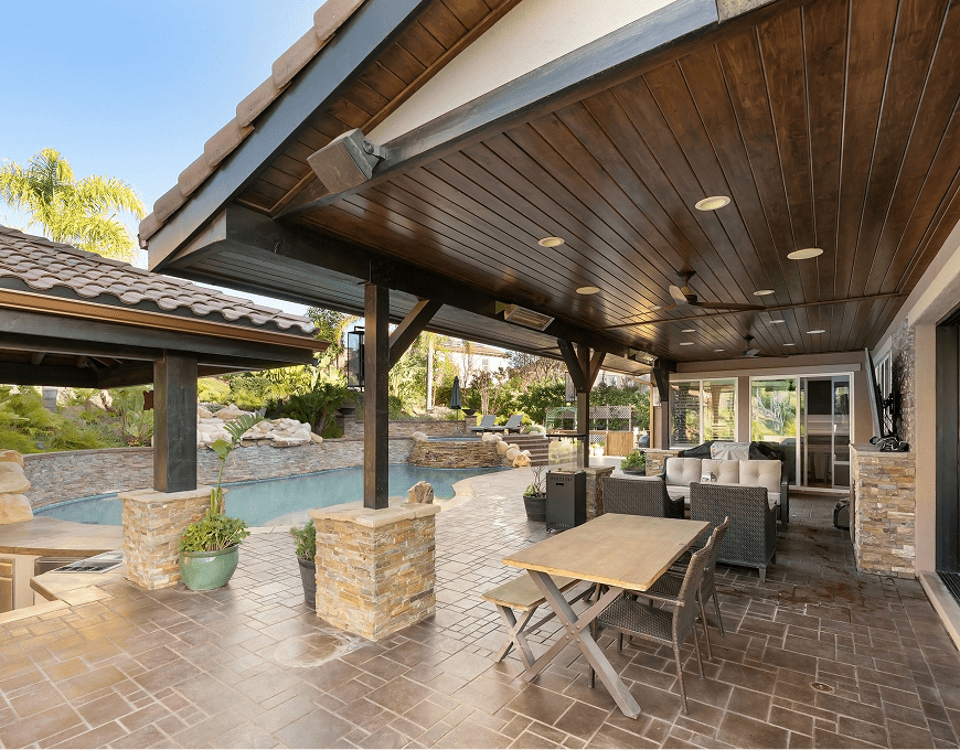 Outdoor patio with pool and seating