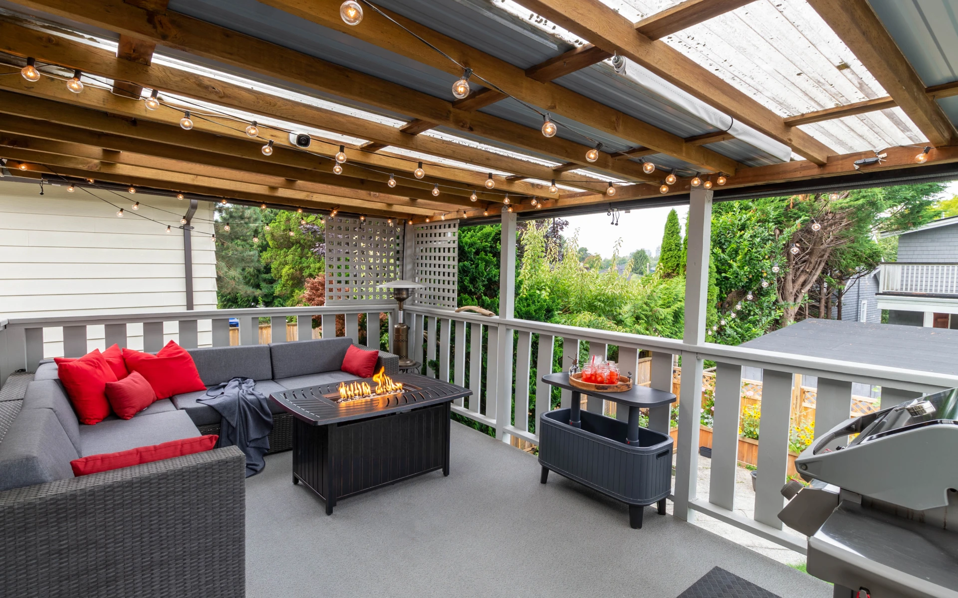 Covered patio with cozy seating